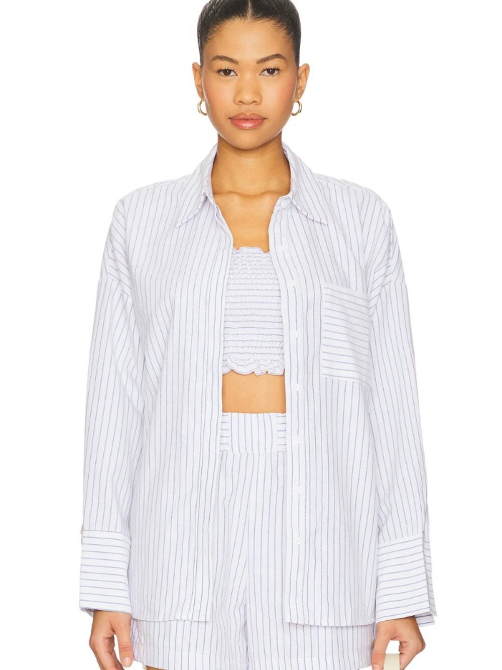 ALL THE WAYS White Cotton ALICE BUTTON DOWN Blue Striped Top Shirt XS ID-2574823